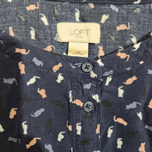 Loft Blouse Cat Print Long Sleeve XL Navy Blue - Picture 2 of 11